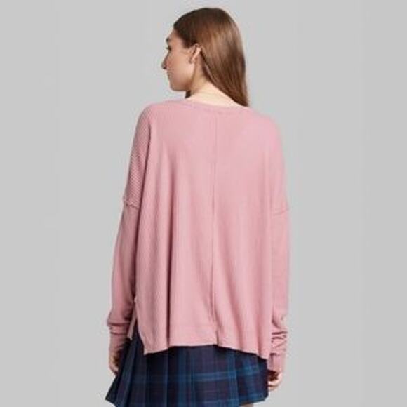 Wild Fable Rib Tunic M Oversize Long Sleeve Mauve Pink V Neck Boxy Side Slit Top - Picture 4 of 11